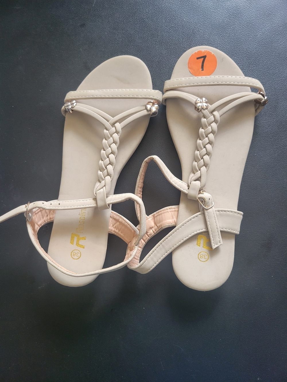 Braided T-Strap Women's Sandals in Beige